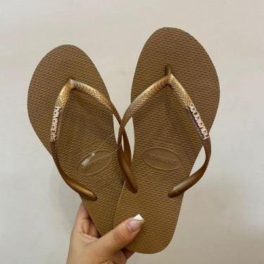Imagem de Chinelo Slim Logo Metalic Cor:Rose GoldTamanho:33/34 - Havaianas, Rose