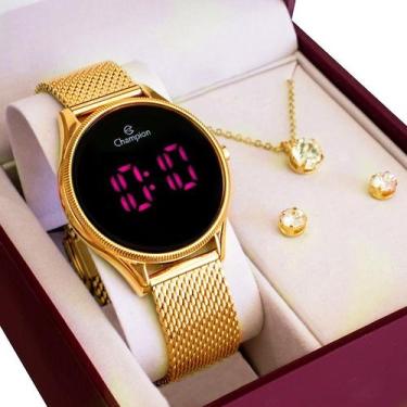 Imagem de Relógio Feminino Champion Digital Dourado CH40133H, Colar Brincos Mães