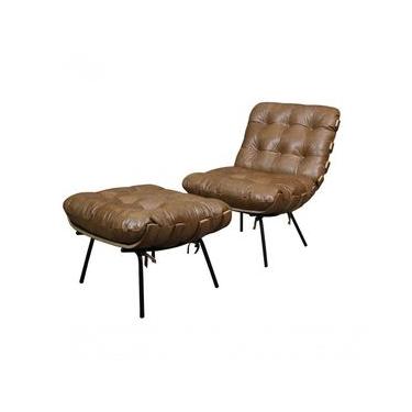 Imagem de Poltrona Com Puff Costela Soft Brown Couro Marrom Mempra Móveis