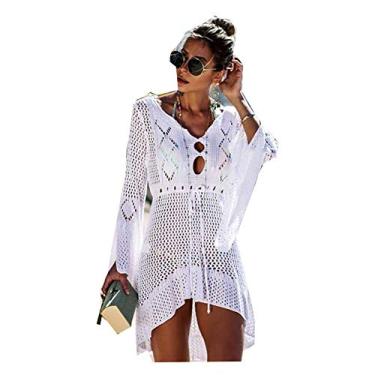 Imagem de Saída de praia feminina com protetor solar, vestidos de biquíni de crochê de renda vazada, Hl3681-branco, Tamanho Único