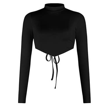 Imagem de Camiseta feminina curta sexy sem ombro meia gola alta manga longa (Color : Black, Size : M)