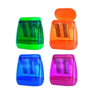 Imagem de Apontador de lápis, 4 peças, dois orifícios, manual com tampa, apontador de lápis colorido para crianças, estudantes, adultos, uso portátil na escola, escritório, sala de arte e ao ar livre