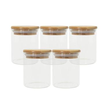Imagem de Potes De Vidro P/ Mantimentos C/ Tampa Bambu 200ml - 5 Pçs