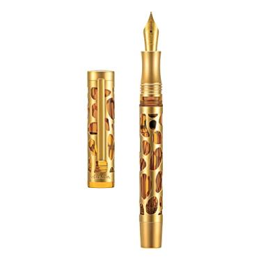 Imagem de Asvine Caneta tinteiro V169 com ponta extra fina, acabamento em ouro esqueleto transparente marrom acrílico caneta conjunto