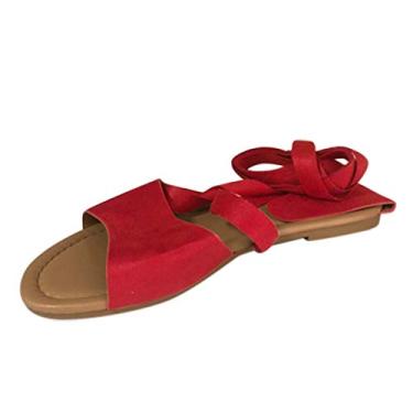 Imagem de Sandálias anabela femininas modernas romanas sandálias de corda com tiras femininas vazadas tamanho grande sandálias femininas planas, Vermelho, 8.5