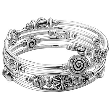 Imagem de Pulseira com pingente de pérola com contas – Pulseira moderna com várias camadas de joias boêmias com contas de metal de prata grossa, presente para mulheres e meninas