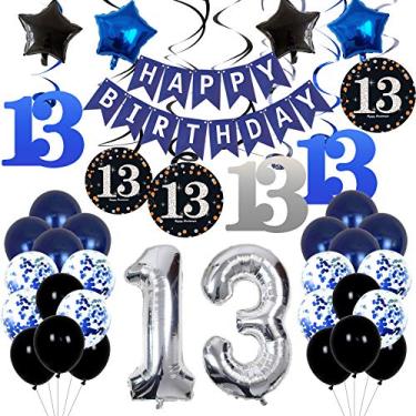 Imagem de Decorações de aniversário de 13 anos para meninos azul escuro, faixa Happy Birthday e balões prateados número 13, festa temática azul profundo para meninas – kit de artigos de festa de aniversário de 13 anos para adolescentes e crianças