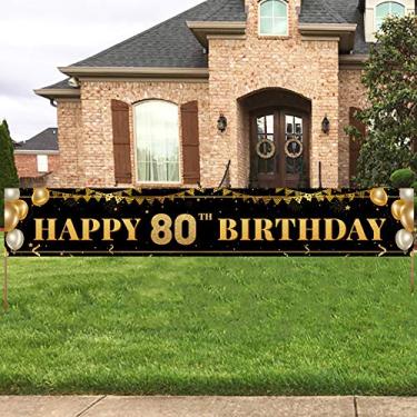 Imagem de (Black Gold 80th) - Large Happy 80th Birthday Decoration Banner, Black and Gold Happy 80th Birthday Banner Sign, 80th Birthday Party Decorations Supplies(3m x 0.5m)