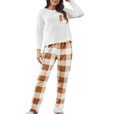 Imagem de Conjuntos de pijama feminino de malha manga longa roupa de dormir pijamas macios conjuntos de pijama de flanela ultra macio confortável duas peças, laranja, M (60kg/165cm)