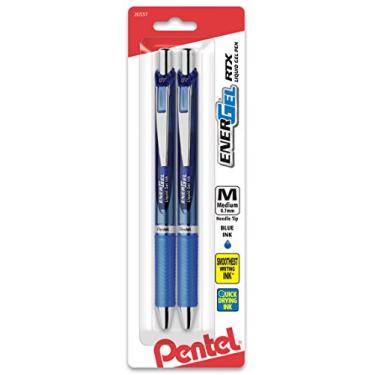Imagem de Pentel Caneta de tinta gel, caneta de gel retrátil EnerGel RTX 0,7 mm, ponta de agulha, tinta azul, pacote com 2 (BLN77BP2C)