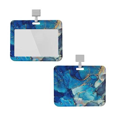 Imagem de Suporte de crachá de mármore azul horizontal destacável suporte de crachá para homens mulheres à prova d'água cartão de identificação nome capa protetora com cordão para escritórios carteira de motorista escolar