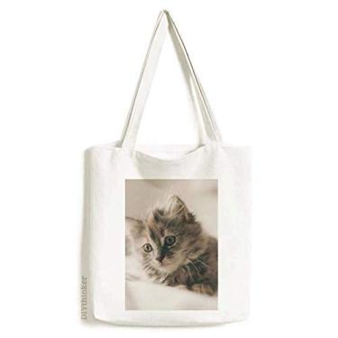 Imagem de Sacola de lona com fotografia de gato cinza Animal Kitty bolsa de compras casual