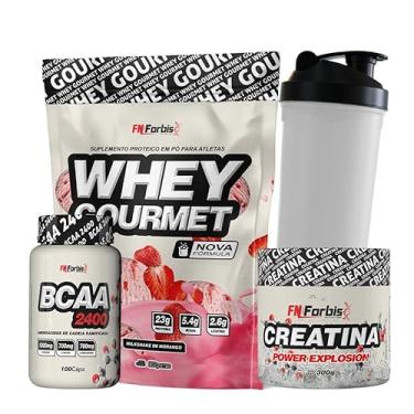 Imagem de Whey Protein Gourmet Refil + Creatina 300g + BCAA 100 cáps + Coqueteleira - FN Forbis Nutrition (Milkshake de Morango)