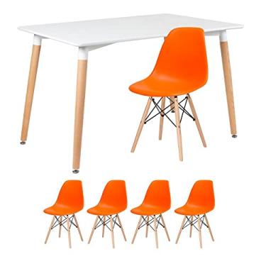 Imagem de Loft7, Mesa de jantar retangular Eames 80 x 120 cm branco + 4 cadeiras Eiffel DSW Laranja