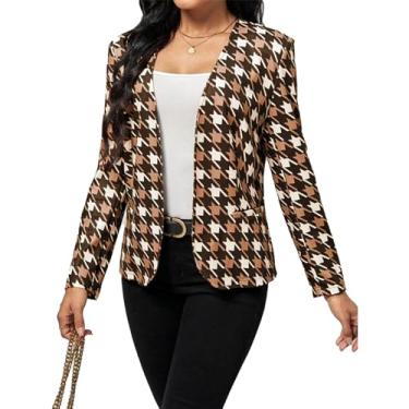 Imagem de Blazer feminino casaco curto manga longa estampado jaqueta para outono frente aberta com bolsos, Caqui, G