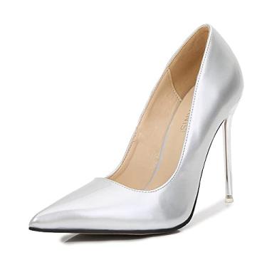 Imagem de Sapatos femininos de 11 cm sexy stiletto cor sólida bico fechado clássico slip on salto alto festa de casamento sapatos sociais, Prata, 8
