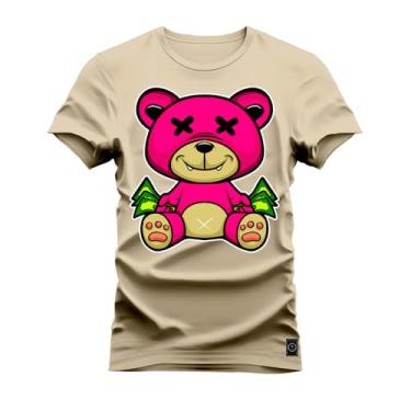 Imagem de Camiseta Plus Size Premium Malha Confortável Estampada Urso Rosa X Bege G2