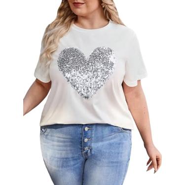 Imagem de SweatyRocks Camiseta feminina plus size com lantejoulas brilhantes manga curta gola redonda, Branco e prata, 4X-Large Plus
