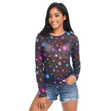 Imagem de KLL Stars Neon Colorido Fashion Camisas de Malha Transparente Gola Redonda Blusa Transparente, Estrelas Neon Coloridas Moda, G