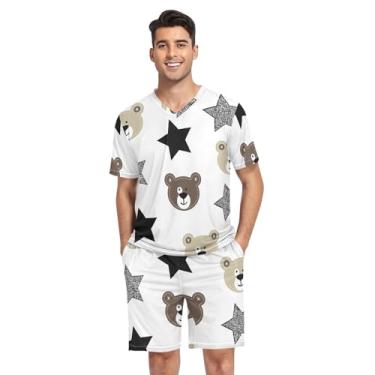Imagem de KLL Pijama masculino urso estrela cinza 2 peças pijama manga curta tops e shorts, Urso estrela, cinza, Small