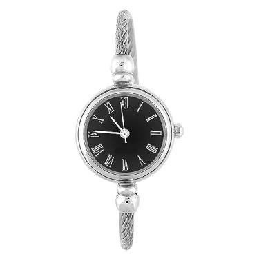 Imagem de Relógio redondo de quartzo, 4 cores feminino analógico redondo de liga de quartzo pulseira aberta relógio de pulso (mostrador preto romano)