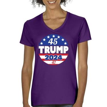 Imagem de Camiseta feminina Trump 2024 45 47 President gola V MAGA Make America Great Again FJB Lets Go Brandon America First Flag Tee, Roxa, P