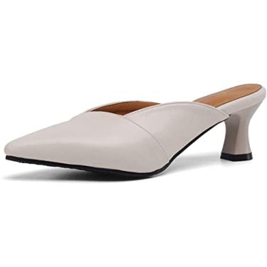 Imagem de Sandálias femininas de couro PU salto gatinho sandálias fáceis de vestir bico fino chinelos confortáveis sapatos de sobremesa vintage, Bege, 40
