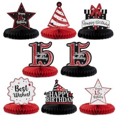 Imagem de LASKYER Decorações de festa de aniversário de 15 anos, centro de mesa de favo de mel brilhante com glitter, placa fotoprop para festa de aniversário de quinze anos. - Glitter vermelho