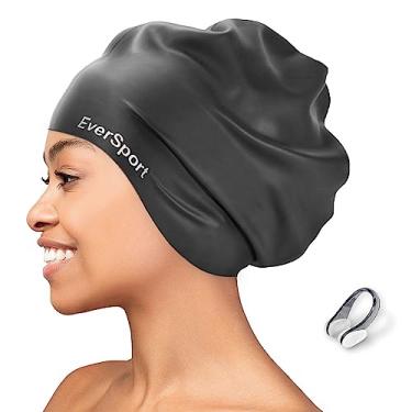 Imagem de EverSport Touca de natação extra grande para tranças e dreadlocks, touca de piscina de silicone para mulheres homens adultos longos e grossos cachos capa de orelha antiderrapante touca de banho impermeável mantém o cabelo seco