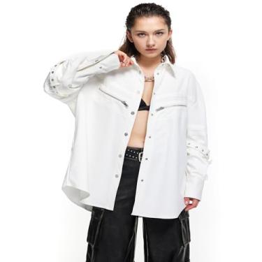 Imagem de T-ONE Jaqueta unissex de botão, feminina, masculina, casual, de manga comprida, casaco grande com bolsos, Branco-bege, G
