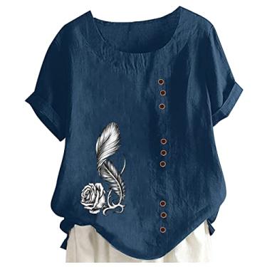 Imagem de Camiseta feminina de linho, gola redonda, botões, manga curta, caimento solto, túnica com estampa de dente-de-leão, camiseta de verão, Azul-marinho - 2, XXG