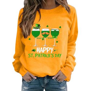 Imagem de Camisetas femininas do Dia de São Patrício de manga comprida verde Shamrock Lucky Camisetas de férias para sair desfile 2024, Amarelo, XXG