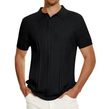 Imagem de ACHUSE Camisa polo masculina de malha de manga curta texturizada pulôver polo com botões leves camisas de golfe para o verão P-2GG, Preto, GG