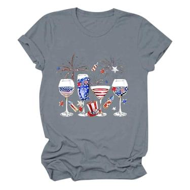 Imagem de Camisetas femininas com estampa Independent Day, manga curta, caimento solto, camisetas patrióticas de verão, Cinza, P