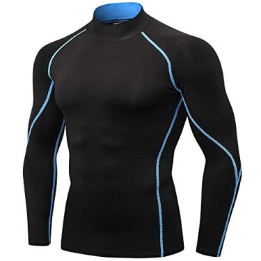 Imagem de LEICHR Camisetas de compressão masculinas de manga comprida e secagem fresca para academia com gola rolê, Linha azul preta nº 58, G
