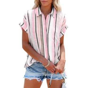 Imagem de Aoudery Camisetas femininas de botão, manga curta, verão, linho, gola V, gola V, listras, blusas casuais com bolso, Listras rosa e marrom01, P
