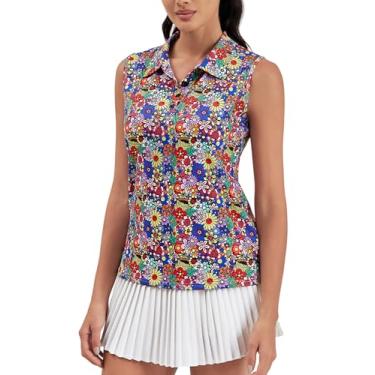 Imagem de Moydan Camisa polo feminina de golfe sem manga com botões e absorção de umidade, Flor colorida, P