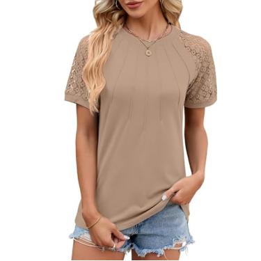 Imagem de Camisetas femininas modernas de renda, manga curta, gola redonda, plissadas, túnica, blusas elegantes para mulheres 2024, Caqui, G