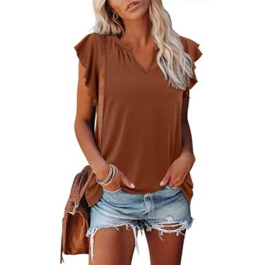 Imagem de YAV Camisetas femininas básicas de verão com gola em V, manga curta e sem mangas, camisetas femininas folgadas, 2 caramelo, G