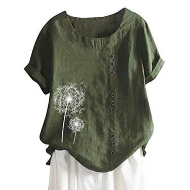 Imagem de Lainuyoah Camisetas femininas de verão para férias de 2024 gráfico 2024 blusa moderna primavera gola redonda botão boho linho túnica, B - verde, GG