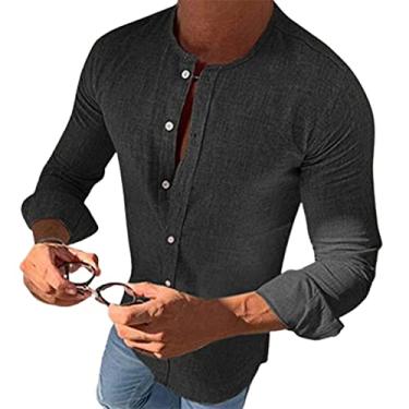 Imagem de Camiseta masculina casual de manga comprida e gola redonda estilosa, Cáqui claro, XG