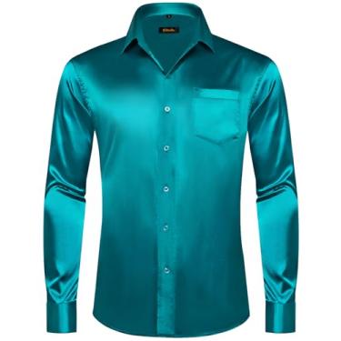 Imagem de DiBanGu Camisa social masculina manga longa cetim liso ajuste regular casual camisa de botão para festa de casamento formal, Cetim azul, 3G