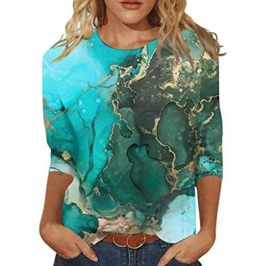 Imagem de Camisetas femininas com estampa floral, manga 3/4, gola redonda, blusa solta e estampa casual outono básico, Verde, M