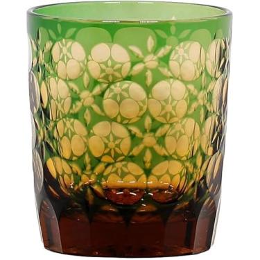 Imagem de Uísque para bebidas estilo japonês Edo Kiriko cortado à mão em vidro transparente para uísque de vinho escocês Bourbon com caixa de presente 9 onças, verde