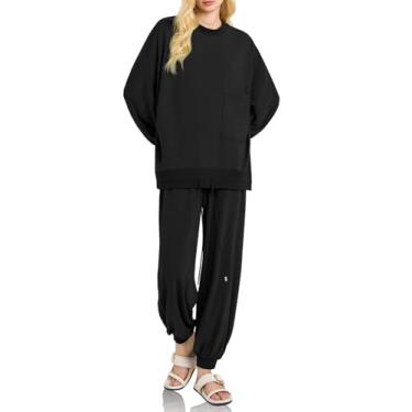 Imagem de Conjunto feminino Fiosew de 2 peças, pulôver, calça jogger, casual, conjunto de agasalho casual, Preto, Large