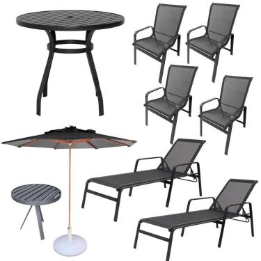 Imagem de Kit 2 Chaises 1 Mesa 4 Cadeiras 1 Mesinha Ombrelone com base Preto