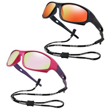 Imagem de COOLSOME Óculos de sol infantil flexível com proteção UV para meninos e meninas de 3 a 10 anos com alça, Preto + rosa, 2 peças