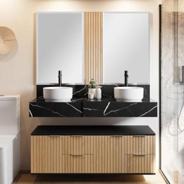 Imagem de Conjunto Para Banheiro Bancada Em Porcelanato Com Cuba De Apoio, Armário e Espelho Ripy 120cm Preto/Wood