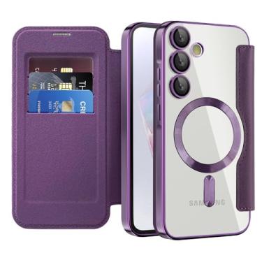 Imagem de Capa de couro flip com clipe para cartão magnético para Samsung S24 S23 Ultra FE S22 Plus A55 A35, capa carteira transparente, roxo escuro, para Galaxy S23Plus