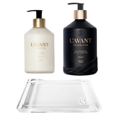 Imagem de L'AVANT Collective Conjunto Deluxe de sabonete e loção para as mãos com luxuosa bandeja Lucite – manteiga de karité hidratante, lavagem à mão macia em garrafas de vidro reutilizáveis – Presentes de